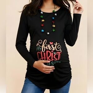 NWT‎ Glamix "First Christmas" Black Ruched Sides Maternity Top - XL